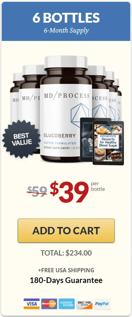 Buy GlucoBerry 6 bottles — 180 day supply best value blood sugar supplement, $39 per bottle
